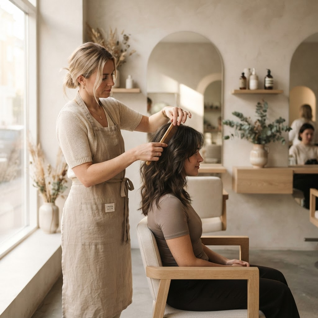En frisör på Luxe Nordic i arbete