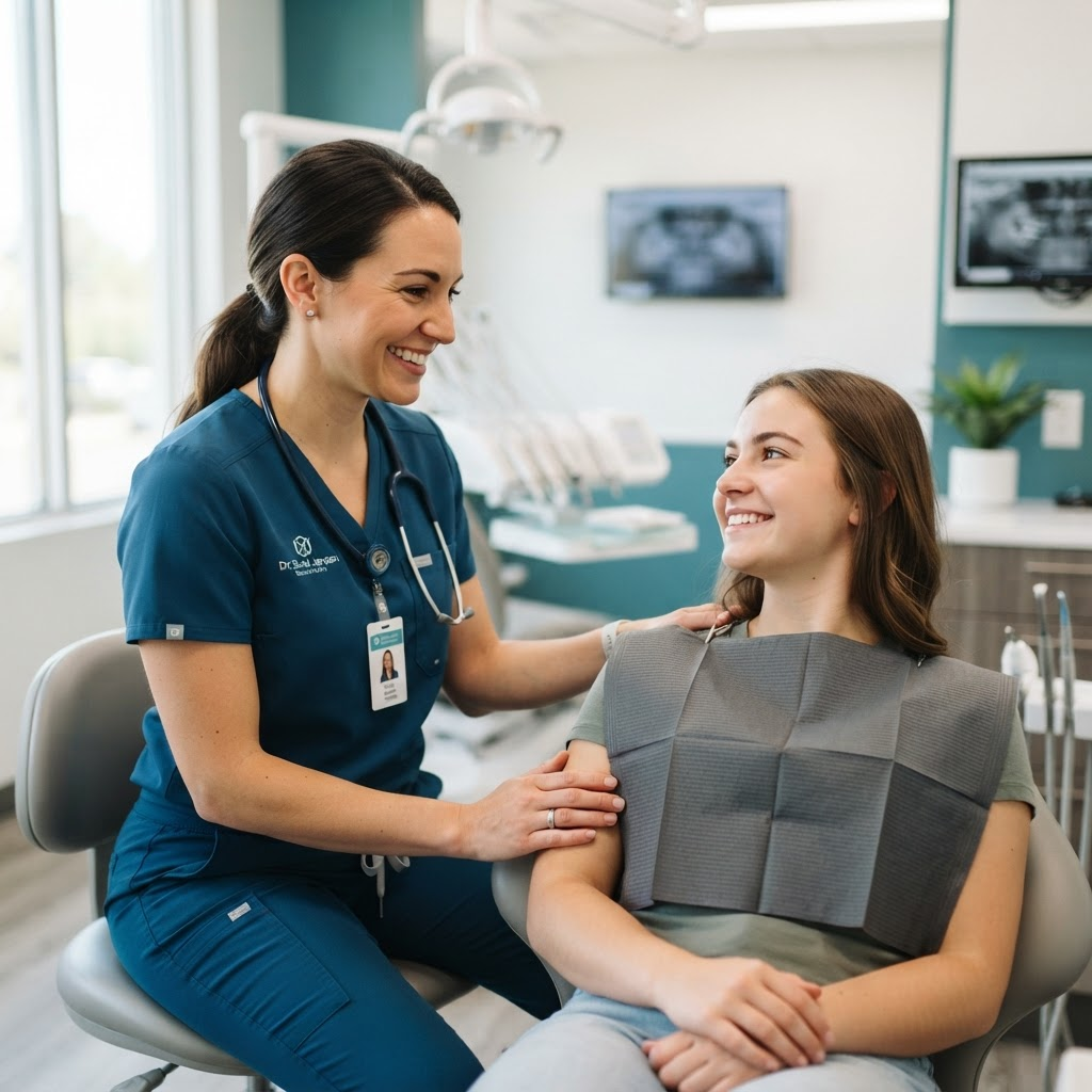 En tandläkare på Fjord Dental som lugnar en patient